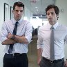 Still of Penn Badgley and Zachary Quinto in Margin Call