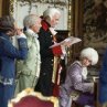 (L-r:) Mozart (TOM HULCE), Emperor Joseph II (JEFFREY JONES), Count Von Strack (RODERICK COOK) and Count Orsini-Rosenberg